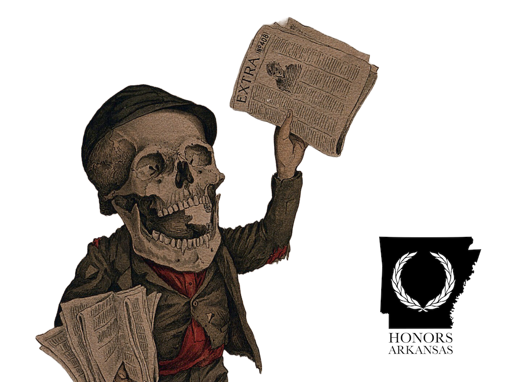 Skeleton holding a newspaper and the Honors Arkansas logo.